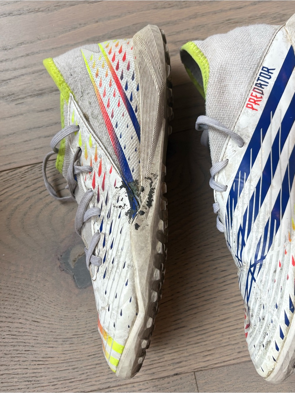 adidas Predator Youth White Athletic Shoes with Blue and Neon Accents